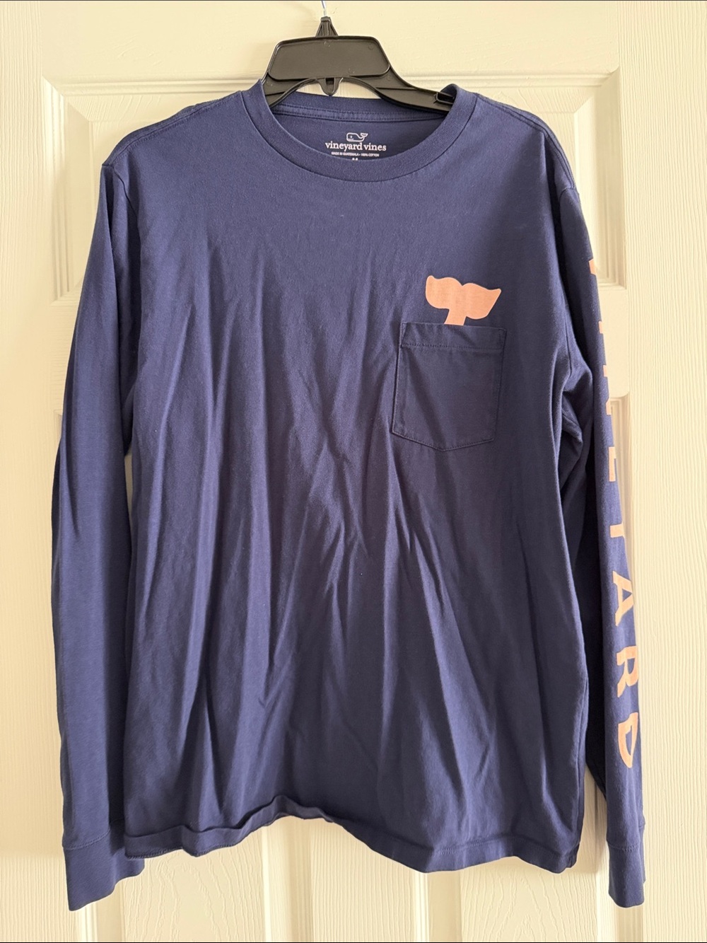 Vineyard Vines Navy Long-Sleeve Tee with Pink Whale Pocket